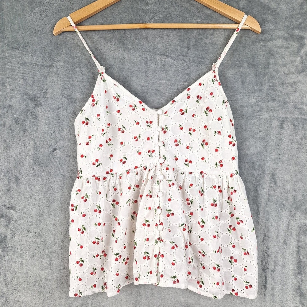 Womens Top Medium White Babydoll Y2K Eyelet Cottagecore Cherry Coquette Fairy